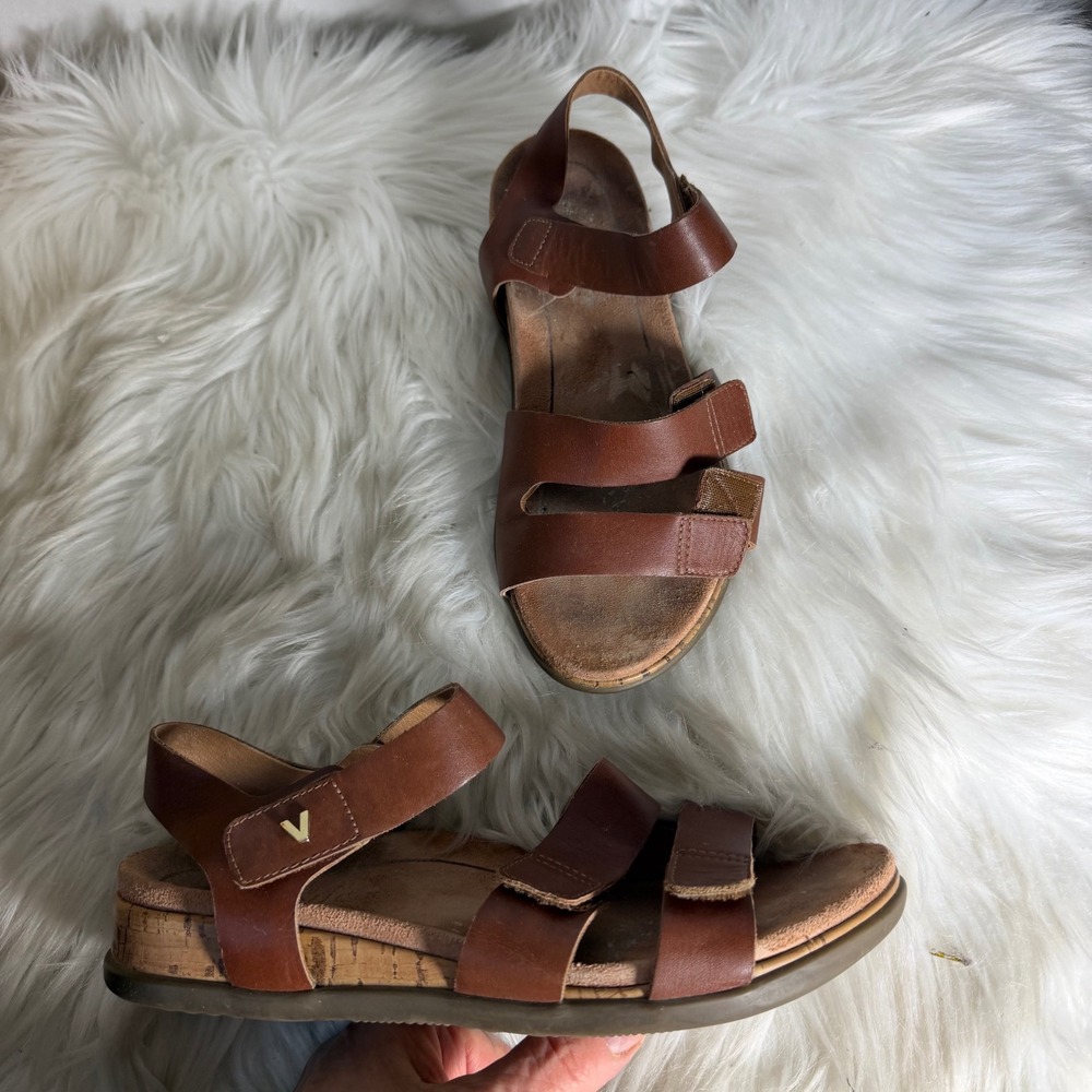 Vionic Colleen‎ Brown Leather Triple Strap Wedge Sandals Womens Size 6